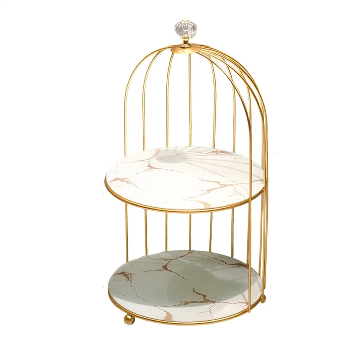 rangement cage oiseaux deux niveaux or marbre blanc marron bleu violet modernes plateaux cosmétiques
