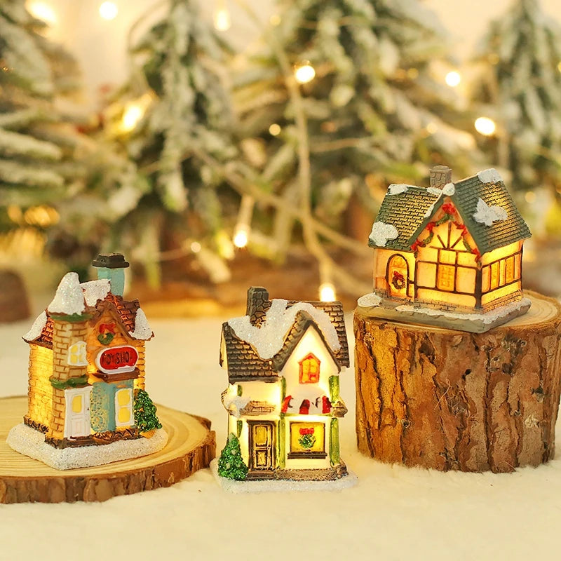 décorations noël miniatures maison bois naturel rustique vintage porte fenêtre led