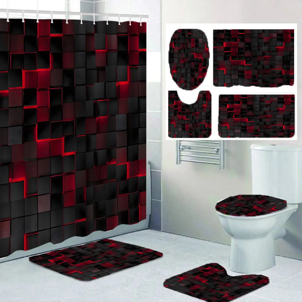 rideau douche géométrique moderne noir rouge tapis bain couvercle toilette 12 crochets