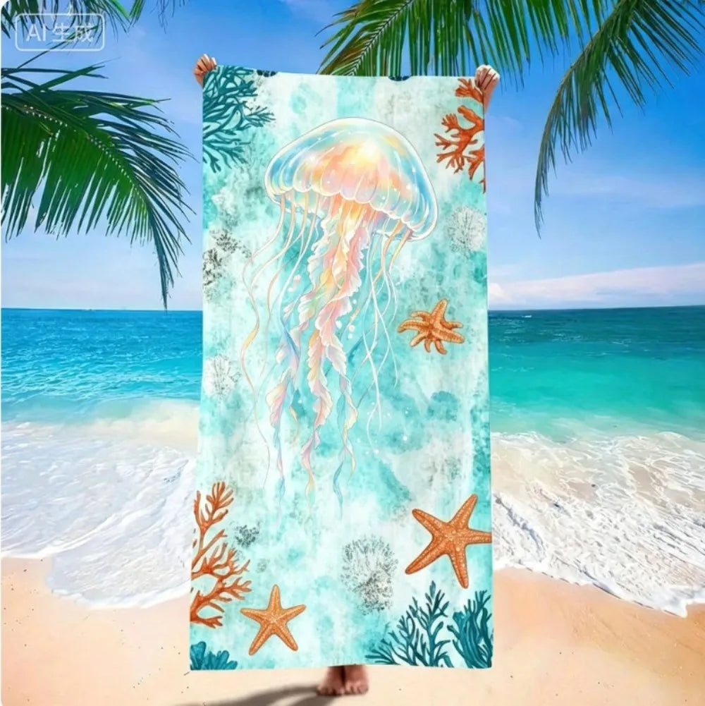 serviette plage microfibre motif marin tortues dauphins poissons illustration animale bleu clair vert orange
