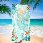 serviette plage microfibre motif marin tortues dauphins poissons illustration animale bleu clair vert orange