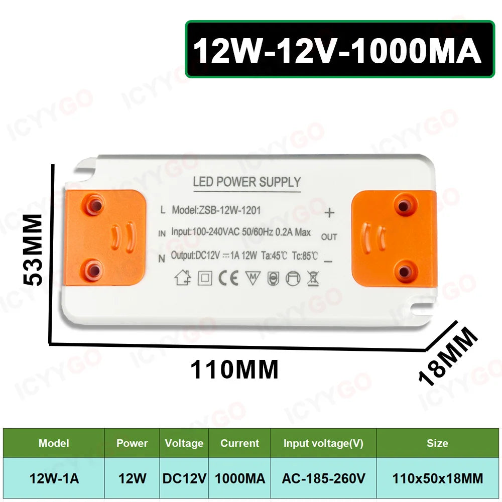 alimentation led 12v 12w 18w 24w 36w 60w 120w transformateur 1a 15a 2a 5a