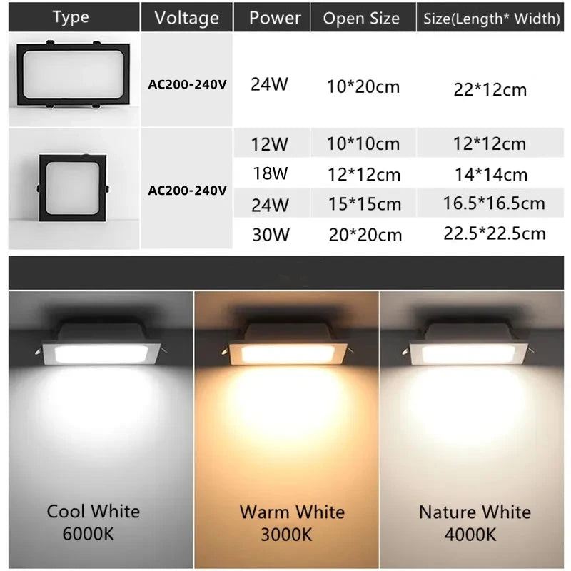 plaque led moderne noir blanc 12w 18w 24w clips métalliques opacité 10x20cm
