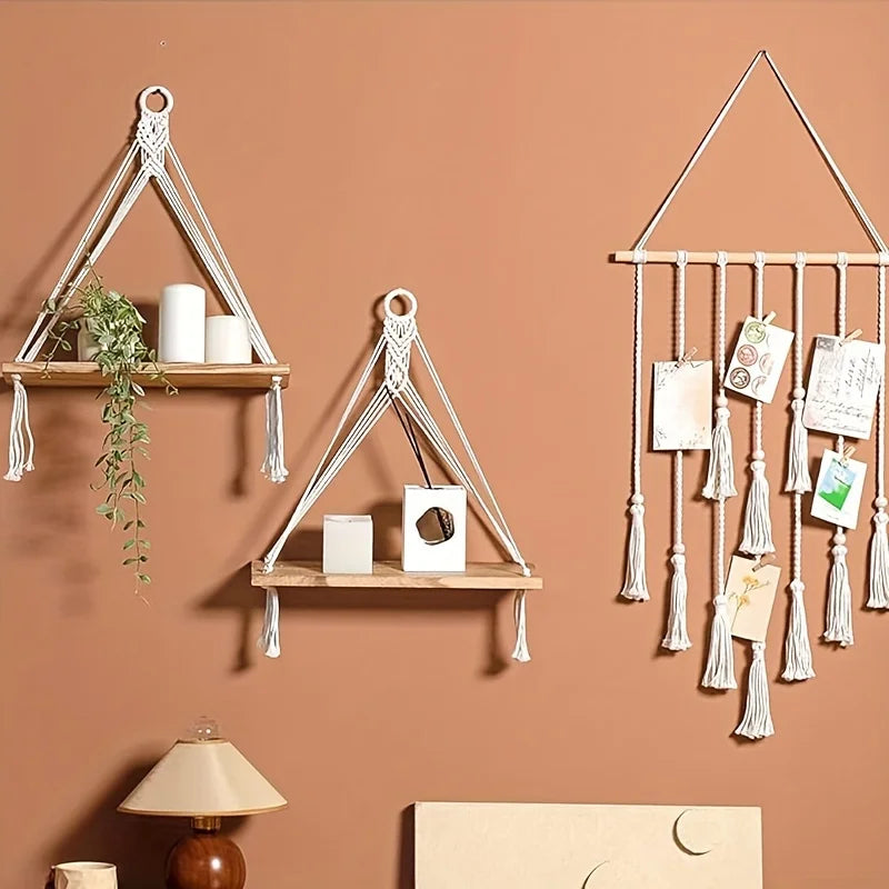 étagères murales suspendues macramé boho chic bois naturel plante photo décoration