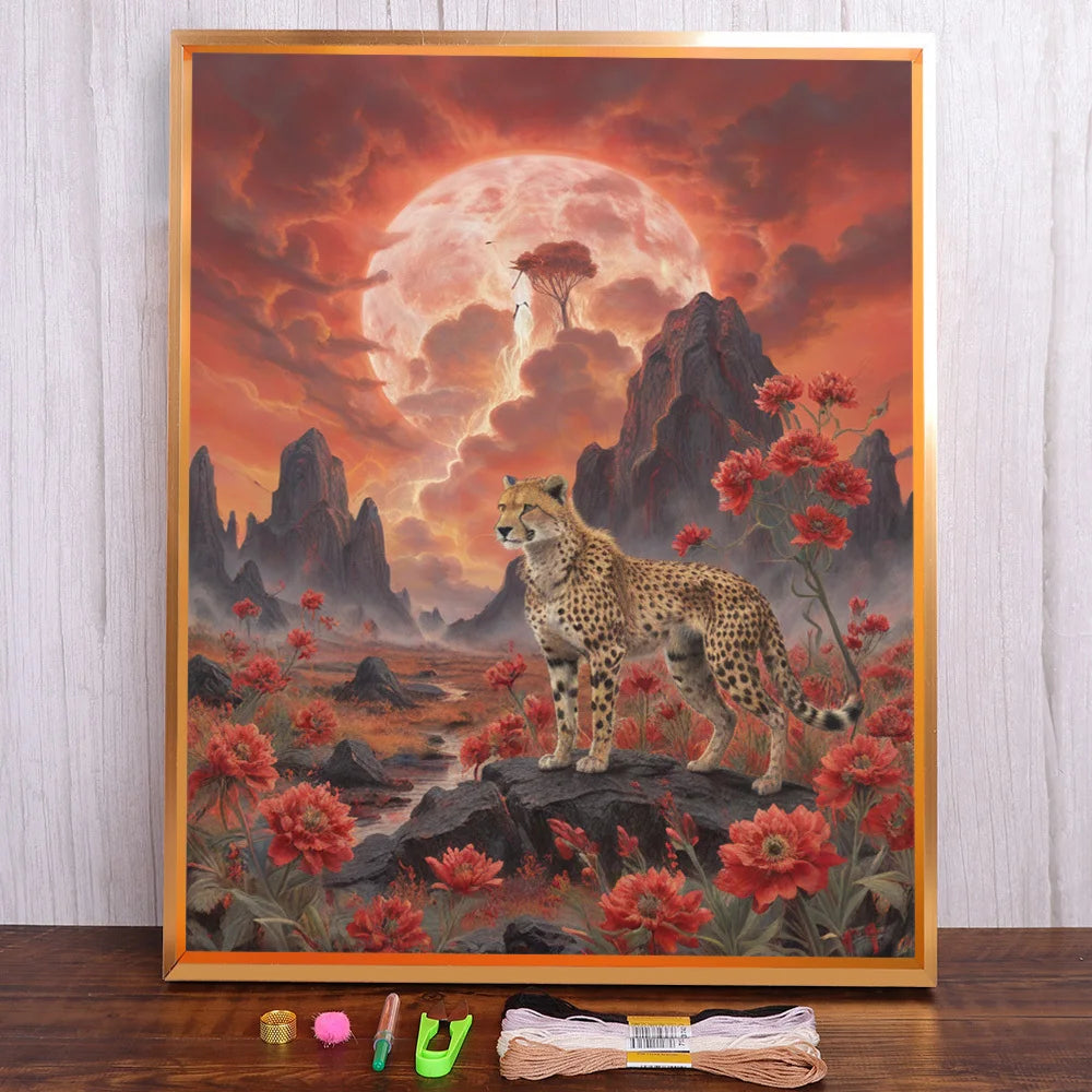 tableau multicolore guépard fleurs montagnes ciel dramatique art contemporain kit broderie fil ruban coudre