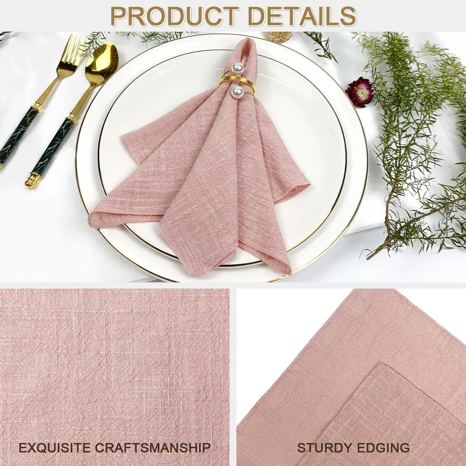 Nappes en lin rose pâle avec finition robuste, décorées de perles, sur une assiette blanche avec des couverts dorés et des éléments décoratifs botaniques.