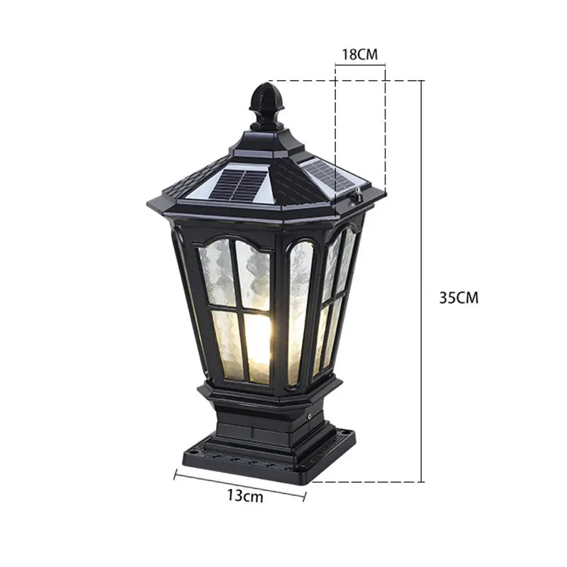 lampadaire solaire or noir classique verre transparent fenêtres rustique manoir panneau solaire led