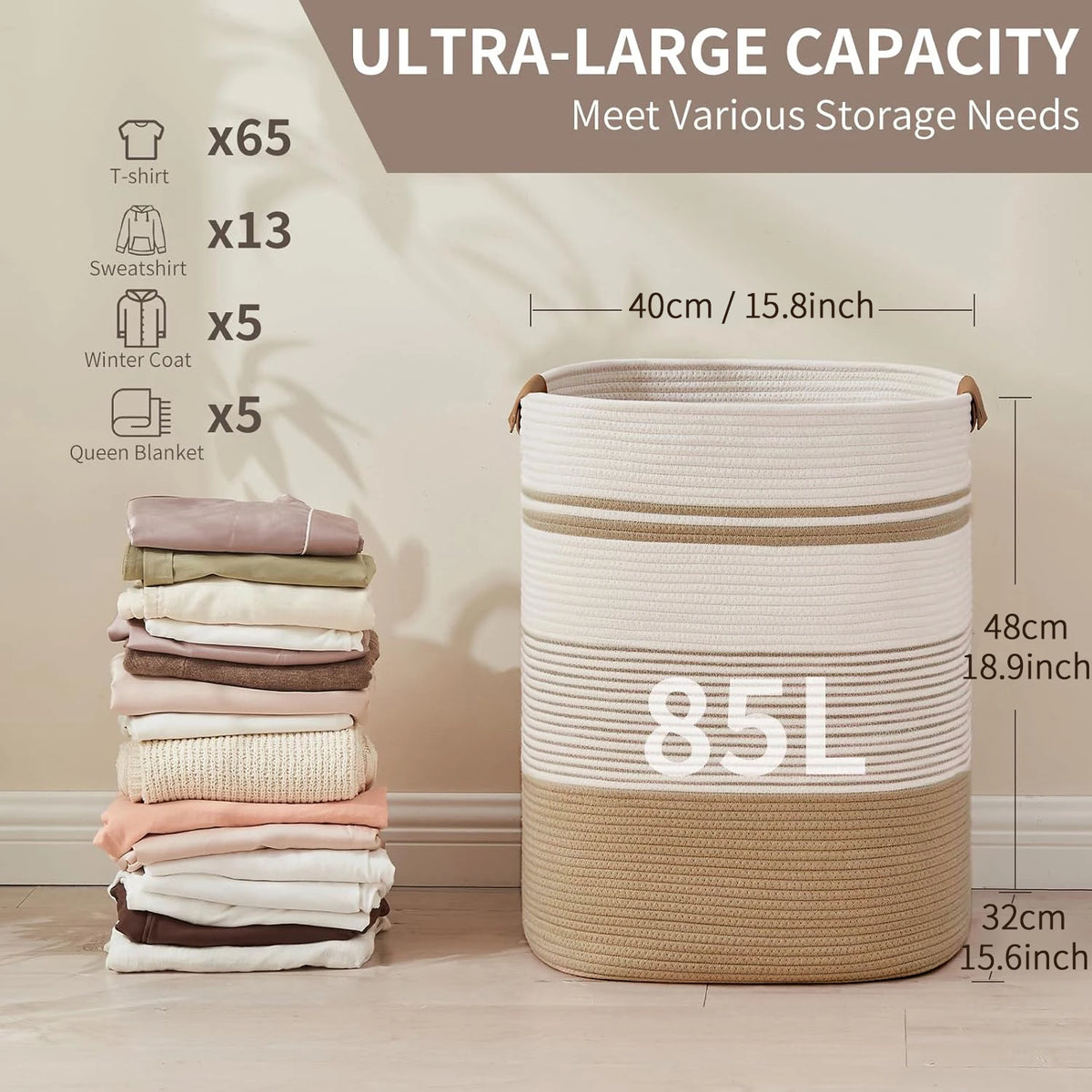 panier linge blanc rayures moderne poignées cuir tassel réutilisable polyester chambre salon