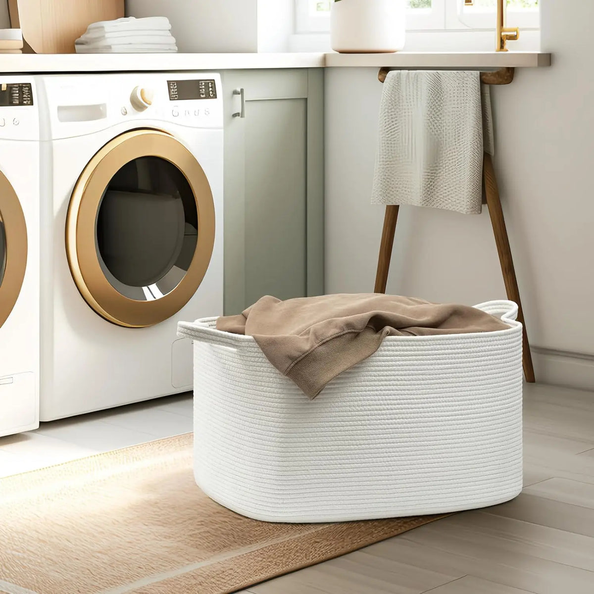 panier rangement polyester blanc rayures horizontales moderne réutilisable 55L poignées organisation linge étagères