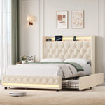 Lit double blanc avec éclairage LED et tête de lit rembourrée