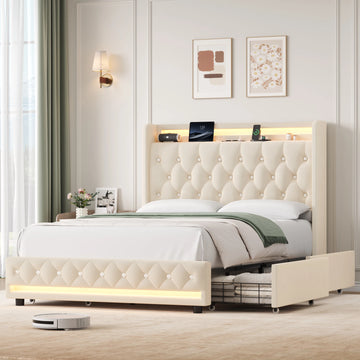 Lit double blanc avec éclairage LED et tête de lit rembourrée