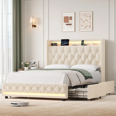 Lit double blanc avec éclairage LED et tête de lit rembourrée