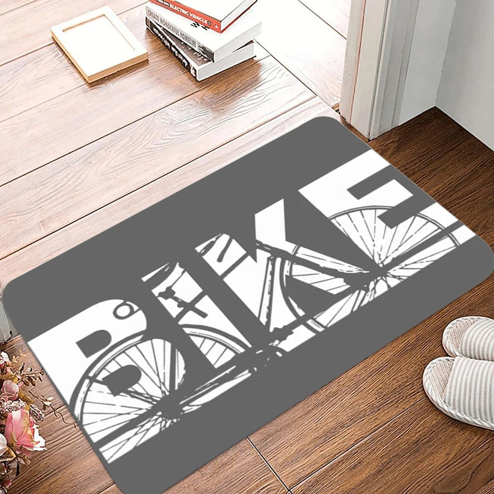 tapis sol moderne motif vélo texte ride mtb downhill noir blanc