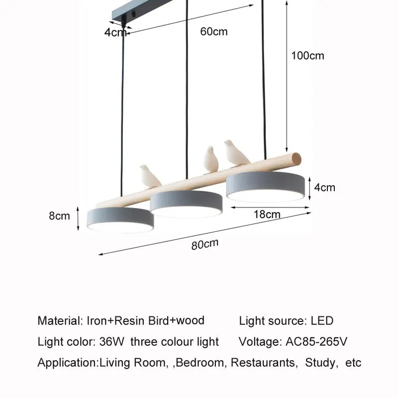 lampe suspendue moderne minimaliste led gris blanc rose jaune bleu oiseaux résine bois