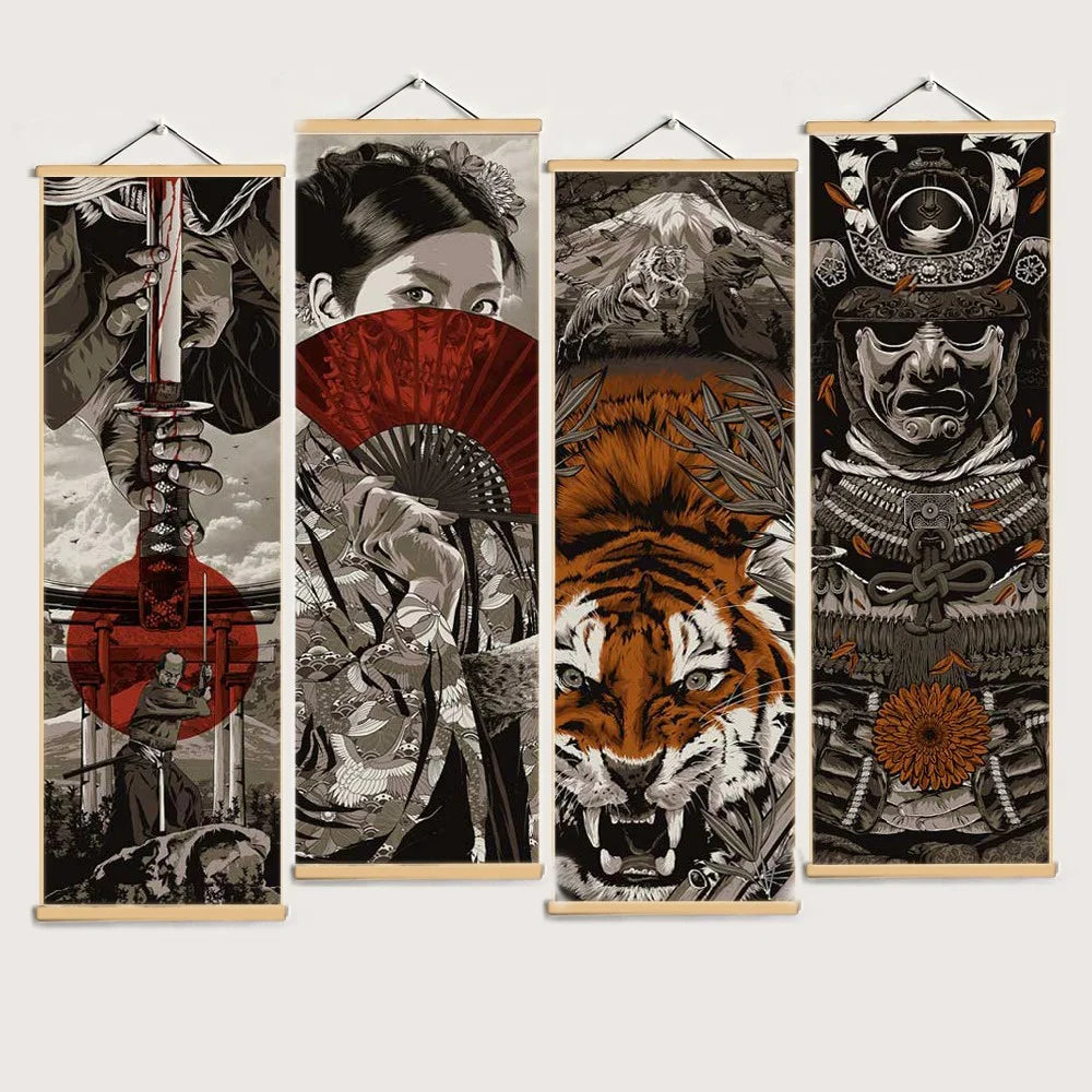 affiches suspendues japonais tigre samouraï femme paravent illustrations détaillées traditionnelles noir rouge