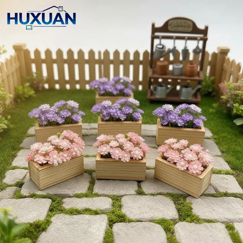 miniature plante artificielle pot bois fleur violet rose jaune bleu