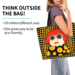 sac main polyester jaune points noirs moderne poche intérieure poignées noires femme pop art
