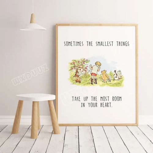 affiche Winnie Ourson illustration enfant poétique cadre bois chambre décoration maison couleur bleu clair