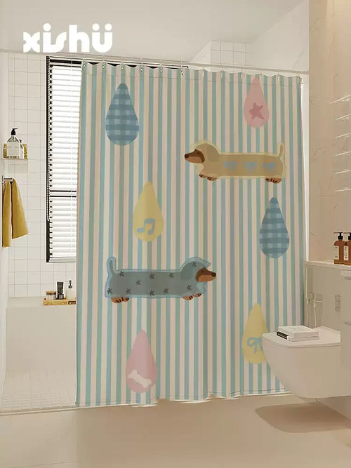 rideau douche moderne motif dessin animé beige bleu rose gris polyester gaufre respectueux environnement
