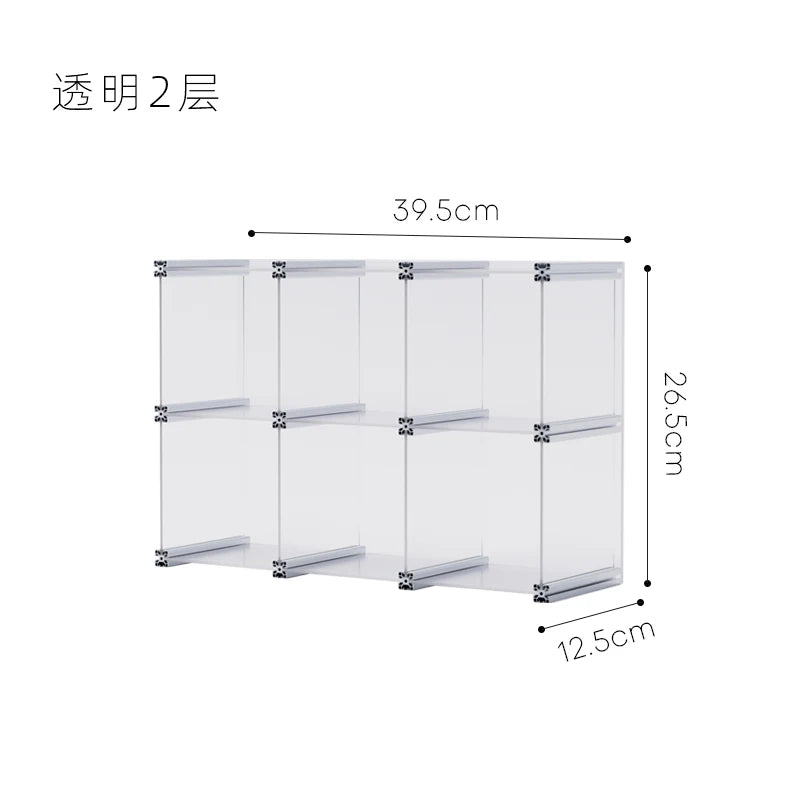 organisateur rangement modulaire transparent bleu clips métalliques compartiments tasses bouteilles bol assiette gâteau tablette
