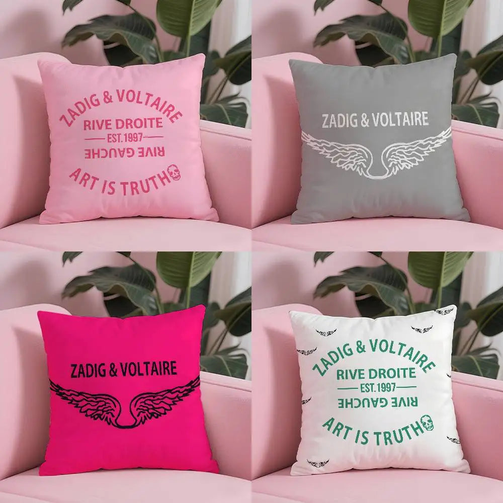 taie d'oreiller carrée rose clair douce motif texte moderne lit canapé maison luxe