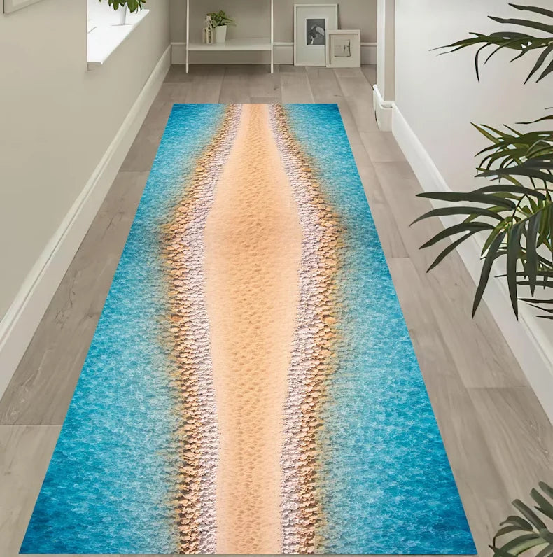 tapis long plage bleu beige motifs vagues sable coquillages moderne 40x120cm