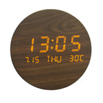 horloge murale led ronde bois naturel affichage numérique date moderne sans tic tac salon
