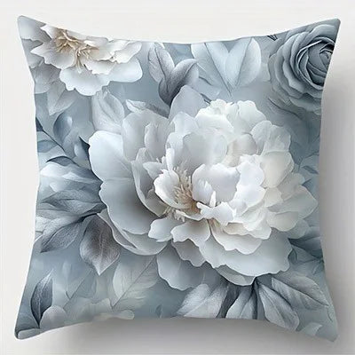taies d'oreiller décoratives floral bleu clair fleurs blanches gris zipper closure polyester peachskin 45x45cm