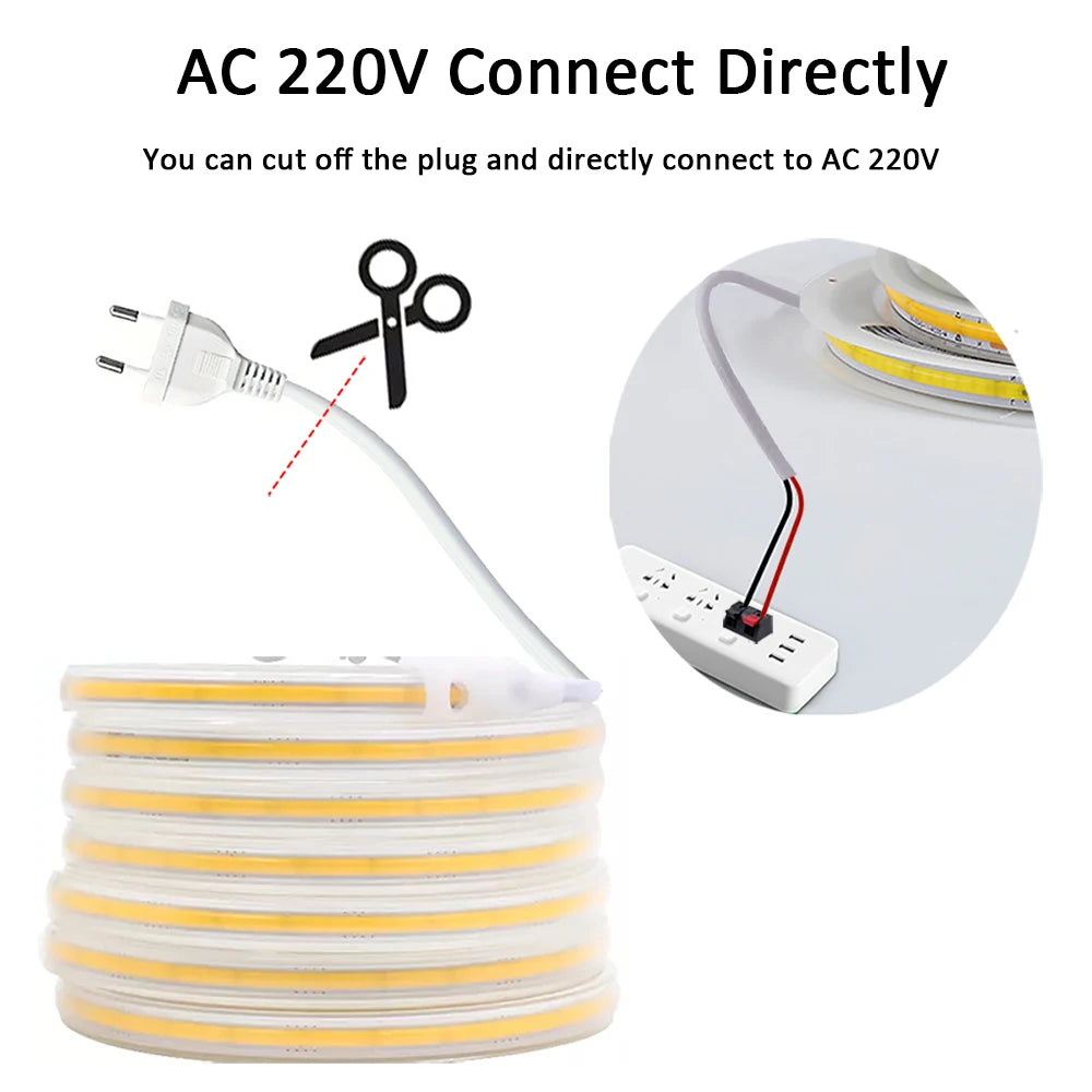 ruban led flexible cob 220v autocollant blanc chaud salon cuisine chambre moderne