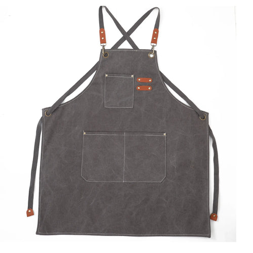 tablier cuisine toile marron clair poches grandes utilitaire pragmatique épingles accessoires couteau pince ciseaux
