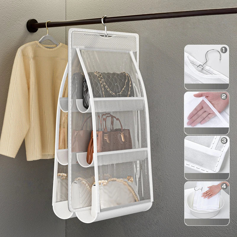 sac main blanc gris maille transparente moderne crochets métalliques réutilisable pvc utilisation multiple organisateur
