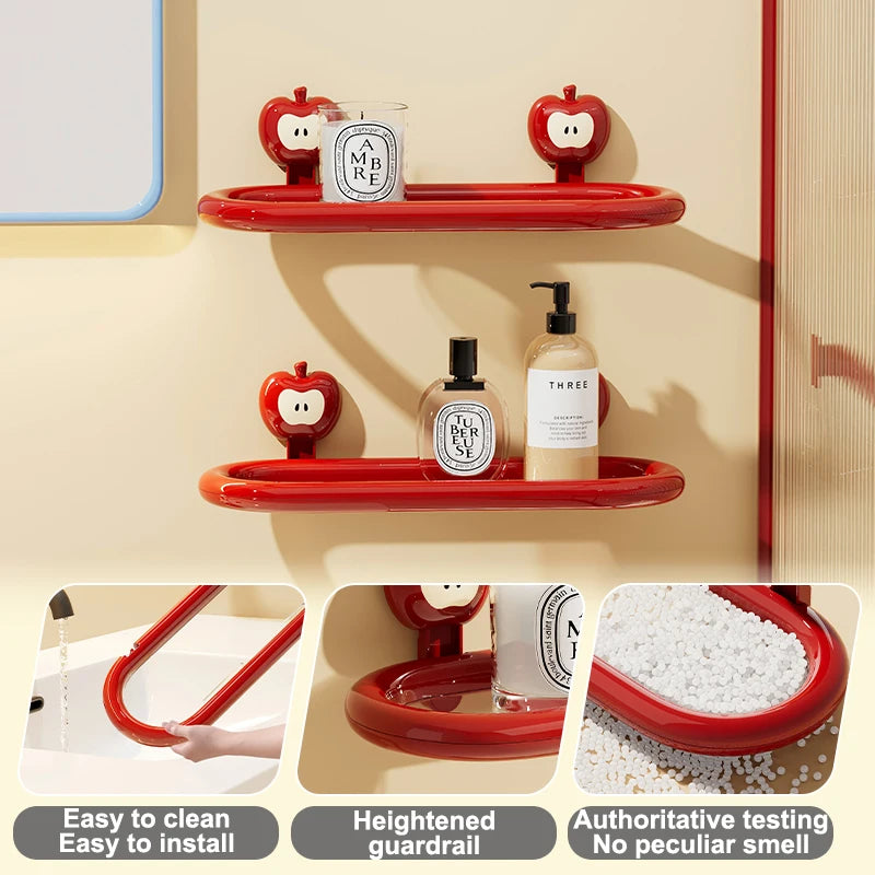 étagères murales rouges adhésives modernes salle bain cuisine pommes décoratives bougie savon lotion