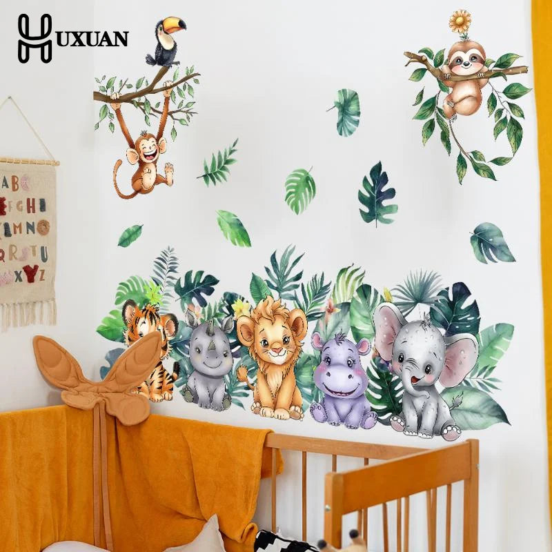 sticker mural dessin animé animaux mignons multicolore tigre rhinocéros lion hippopotame éléphant tropical chambre