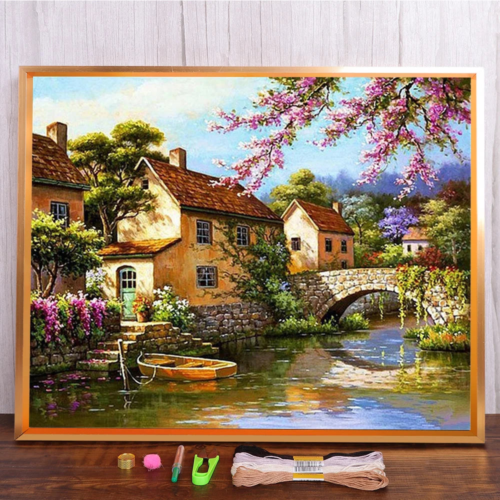 broderie paysage fleurs feuilles multicolore artisanal toile coton fil aiguille guide couleurs échantillons
