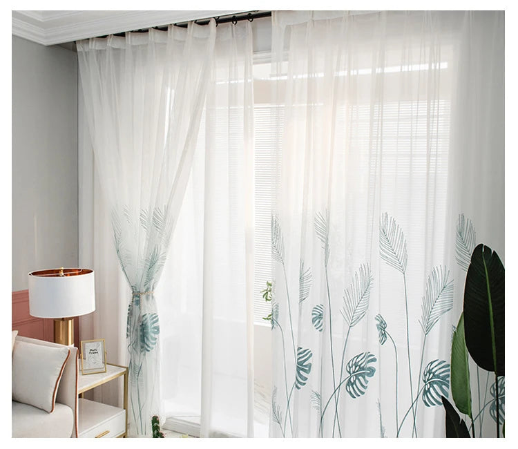 rideau tulle transparent feuilles stylisées moderne blanc vert clair fenêtre français polyester