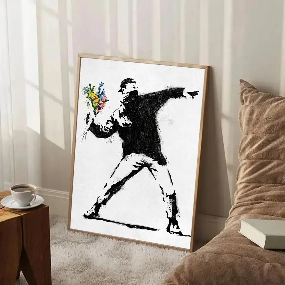 affiche art contemporaine street banksy graphique abstraite noire blanche verte murale salon decoration