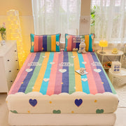 drap housse multicolore rayures cœurs étoiles literie enfantine taies oreillers pastel arc ciel