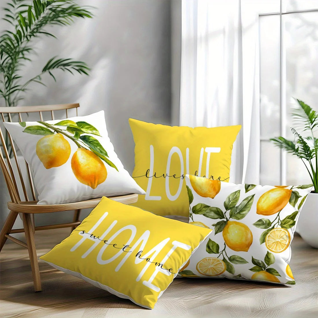 housses coussin citron blanc feuilles vertes moderne 45x45cm zip invisible polyester