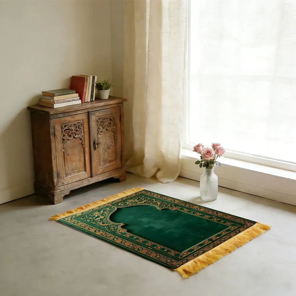 tapis prière vert or ornements floraux traditionnel usage multiple voyage intérieur