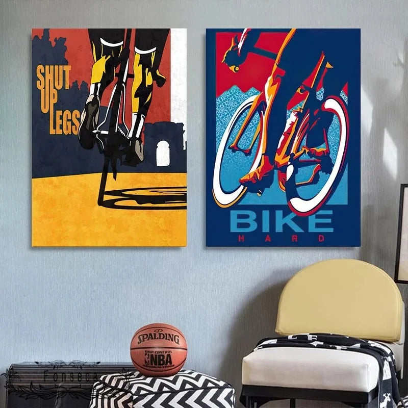toile d'art pop cyclistes bleu jaune noir montagnes abstrait deco mur chambre erotique vintage