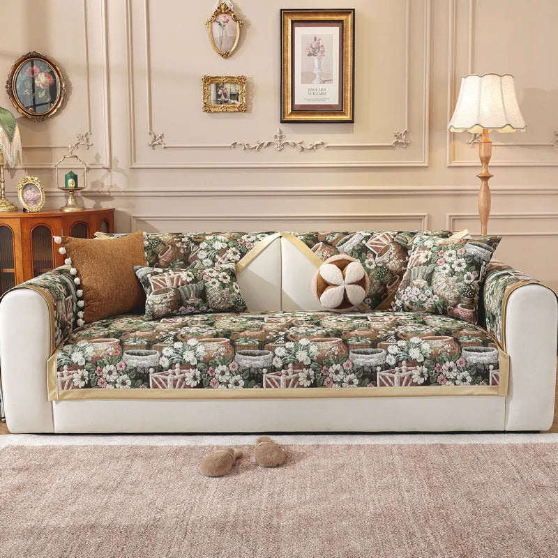 housse canapé tissu jacquard motif floral fleurs beige coussin siège antidérapant traditionnel