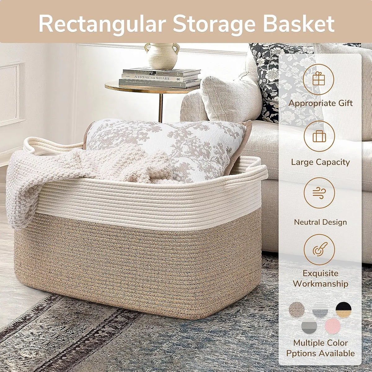 panier rangement tissé polyester pliable beige blanc rayures horizontales moderne rustique
