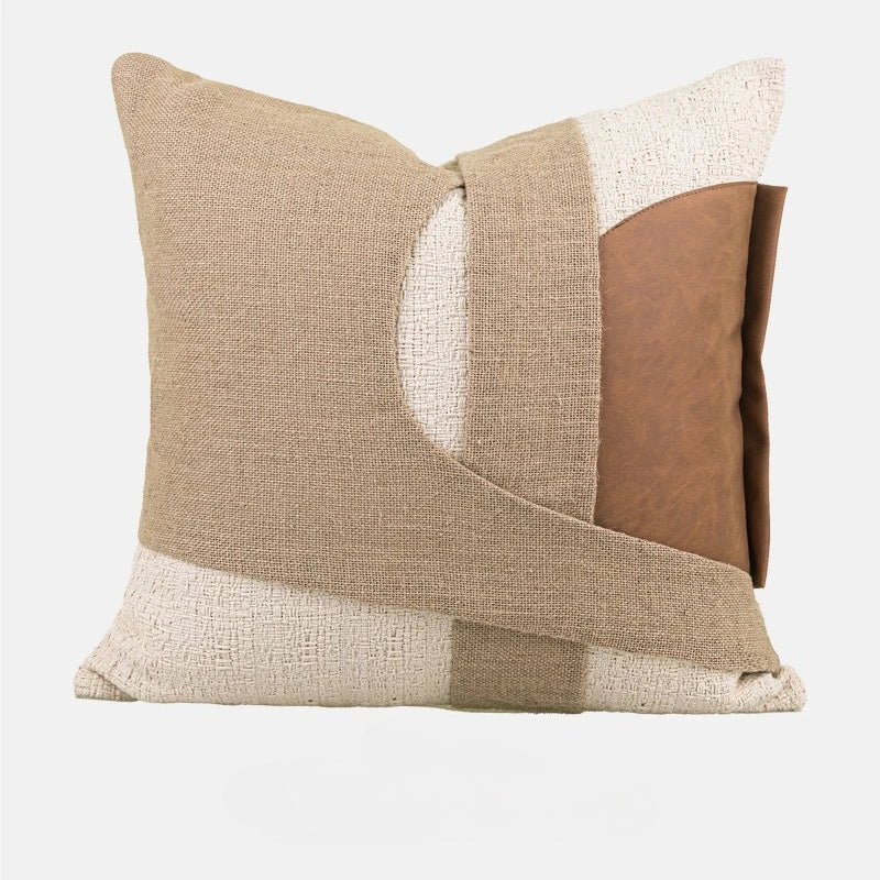 taies d'oreiller géométriques patchwork moderne lin polyester beige marron clair blanc respectueux environnement