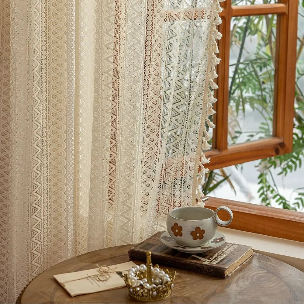rideau beige broderie géométrique franges semi transparent vintage classique fenêtre intérieur polyester