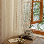 rideau beige broderie géométrique franges semi transparent vintage classique fenêtre intérieur polyester
