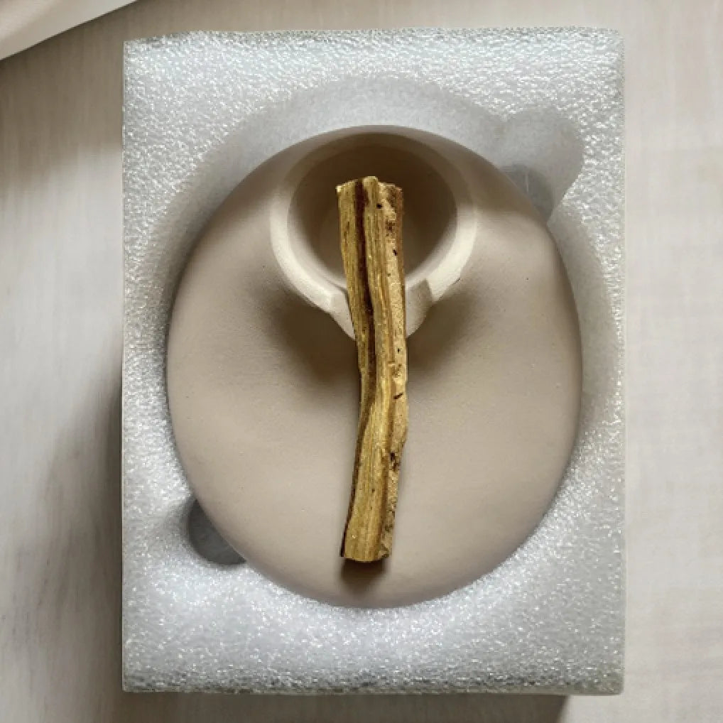 support allumettes marron foncé rond moderne plateau brûlant sauge ciment décoration yoga méditation