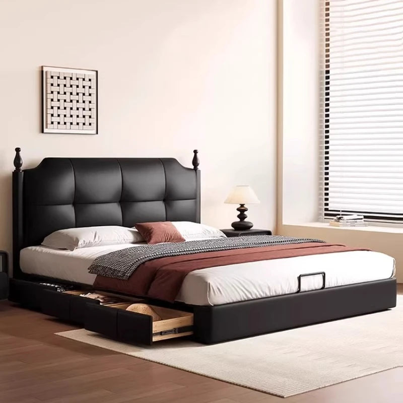 lit noir simili cuir moderne rangement tiroirs chambre coucher bois