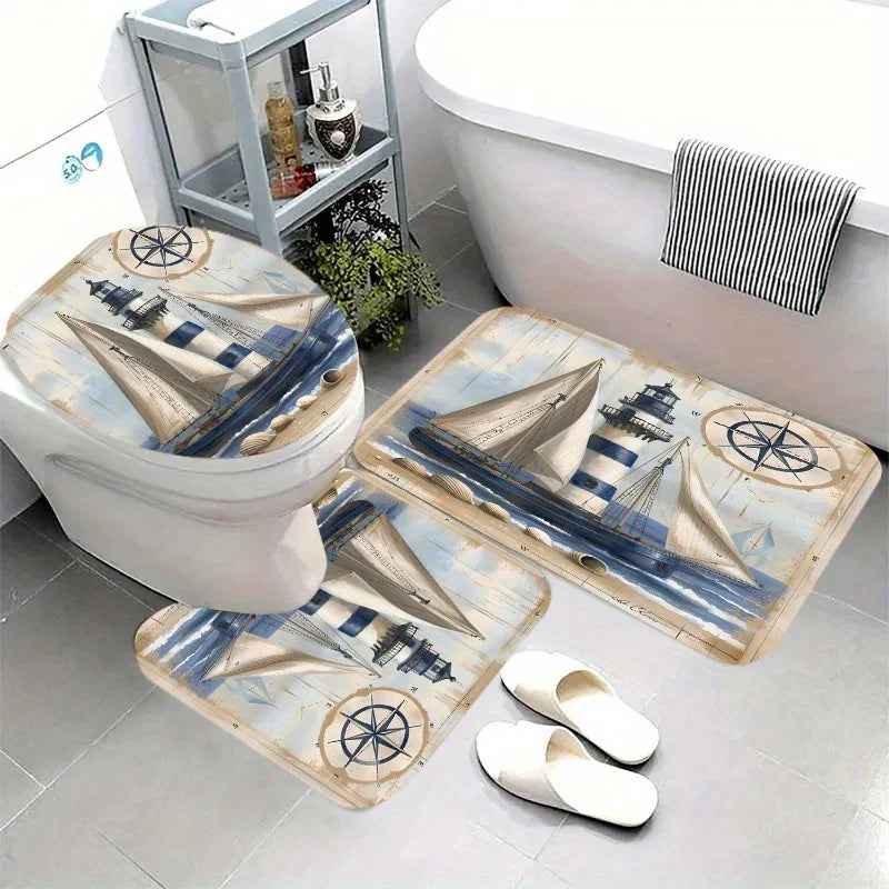 tapis bain thème marin phare voilier boussole anti dérapant beige bleu noir vintage pastoral