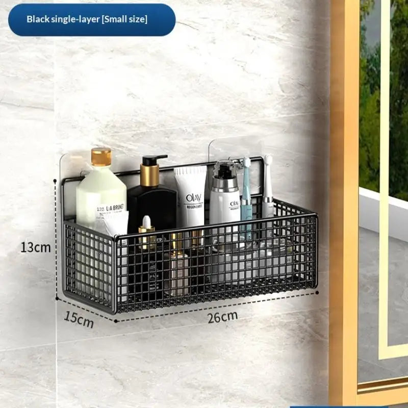 rangements muraux adhésifs paniers noir maille métallique moderne accessoires salle bain crochets organisateur toiletté