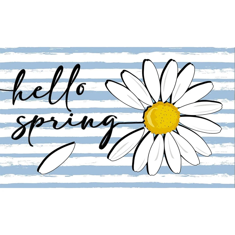 tapis antidérapant moderne motif marguerite hello spring blanc bleu jaune intérieur extérieur résistant lavage